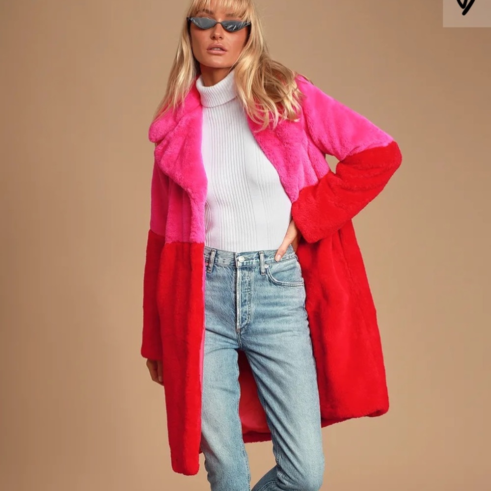 NWT Lulus Pink & Red Faux Fur Long Jacket - Sz XS